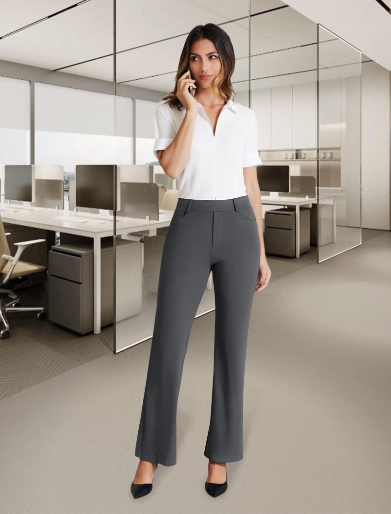DLOODA Dress Work Pants Women Business Casual Slack Trousers Stretchy Pull On Office Flare Pants with Pocketsï¼ˆDeep Grey Mï¼‰ - Image 2