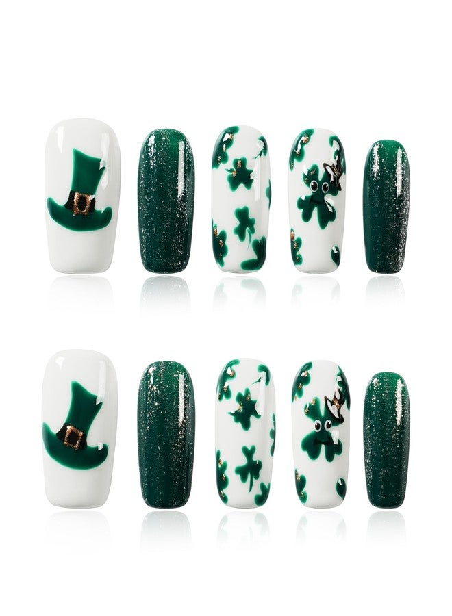 Tesytto Medium Coffin Press On Nails Green Glitter White Fake Nails With 3D Green Hat Clover Print Handmade Acrylic Nails Glossy Full Cover False Nails Size M