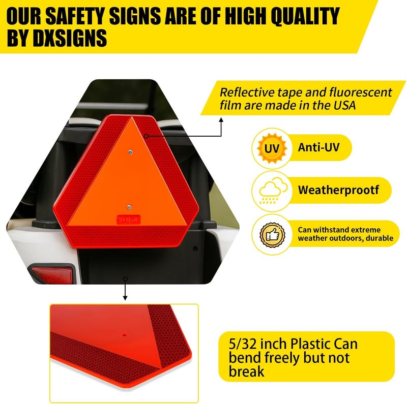 DXSIGN Slow Moving Vehicle Sign, Plastic DOT Slow Moving Vehicle Triangle Signs, SMV Sign 14"x16"x0.16"/5mm Thick Diamond Grade Reflective Up to 7 Years Outdoor for Golf Cart Accessories, Tractor, Utv, - Image 3