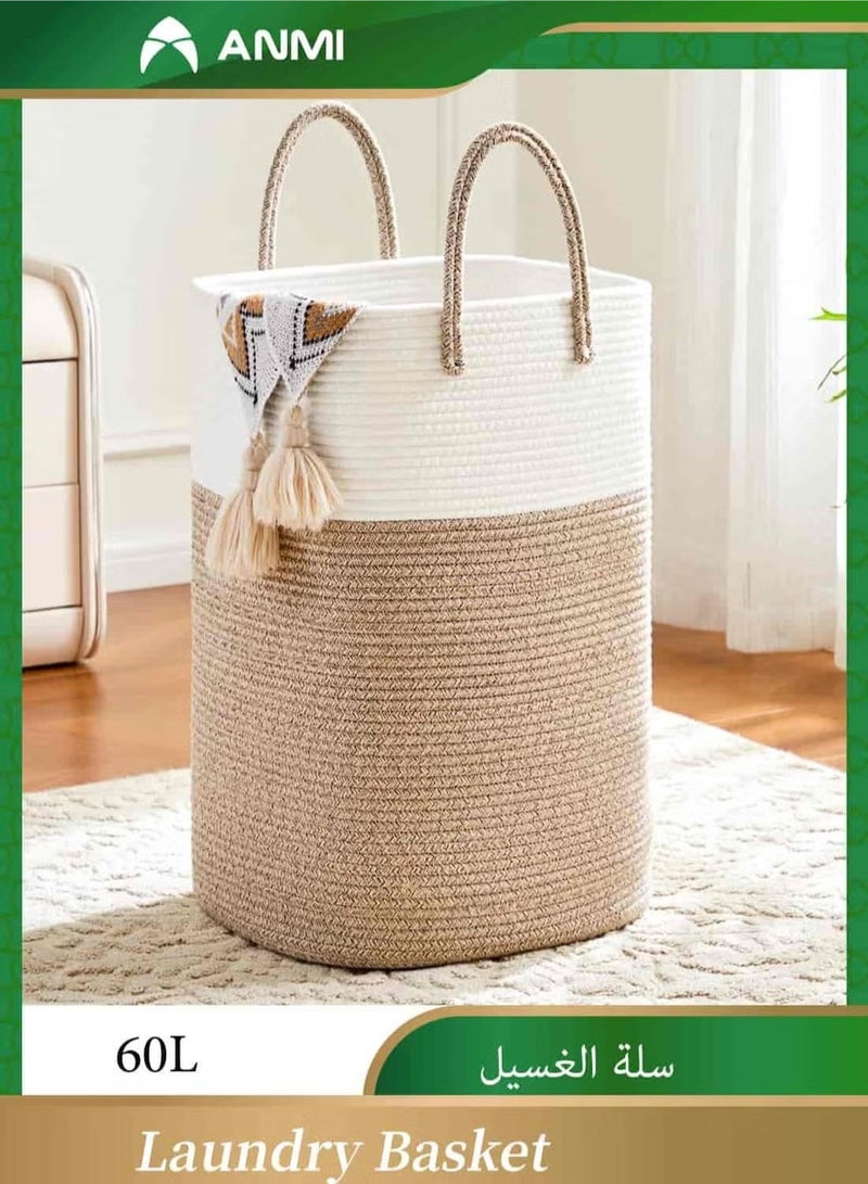 أنمي سلة غسيل سعة 60 لتر، سلة غسيل منسوجة بحبل قطني، سلة غسيل متعددة الاستخدامات لتخزين الملابس المتسخة وألعاب الأطفال والبطانيات في الحمام والحضانة وغرفة المعيشة