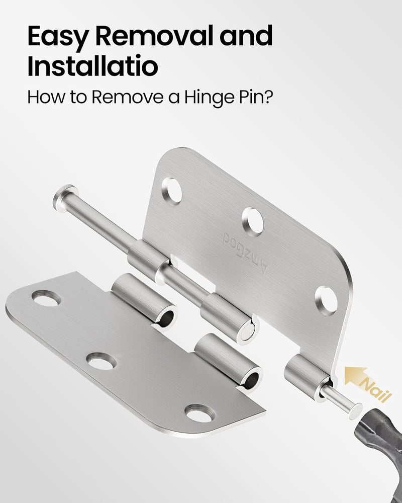 AmzGod Door Hinges Brushed Nickel - 12 Pack 3.5 Inch Rounded with 5/8" Radius Satin Nickel Door Hinges for Interior and Exterior Doors - Heavy Duty 3 1/2" Silver Residential Door Hardware - Image 4
