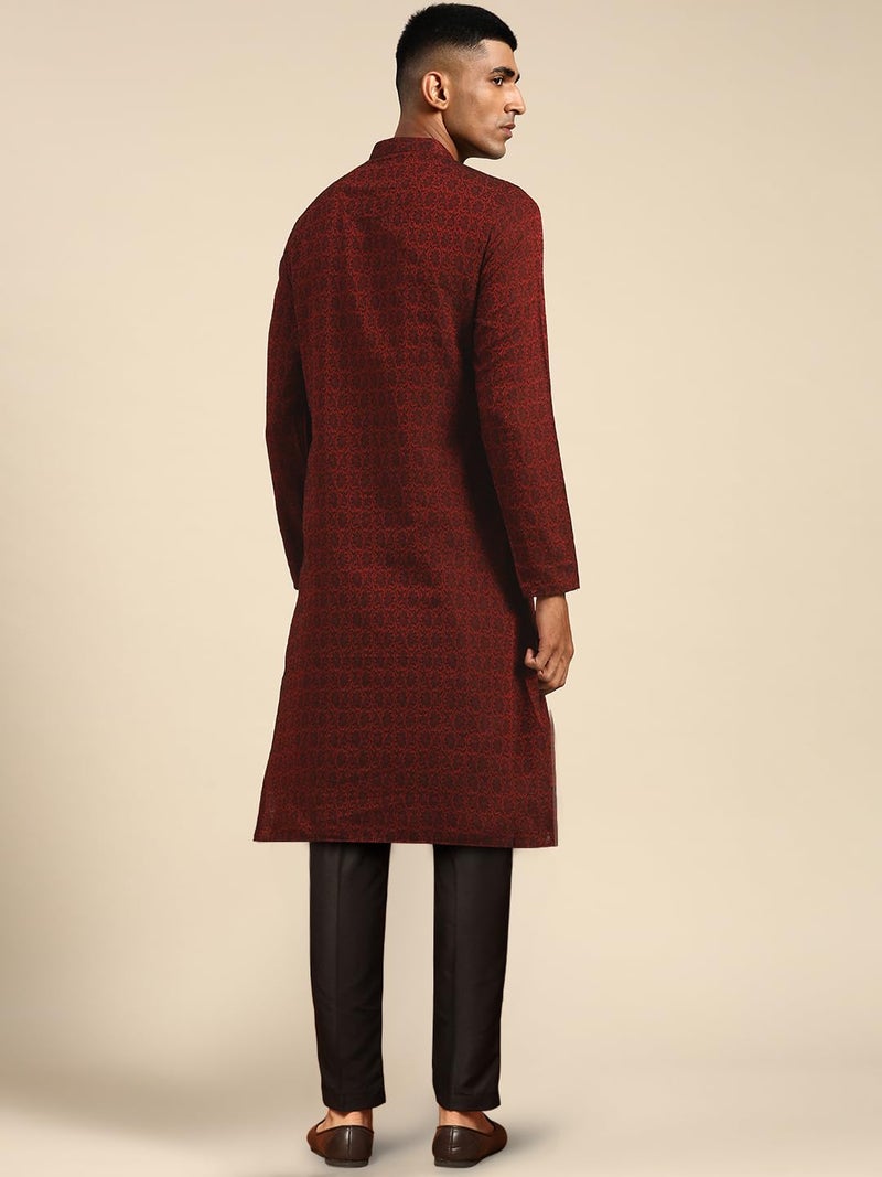 KISAH Mens Silk Blend Jacquard Kurta – Traditional Ethnic Wear Kurta for Men for Weddings & Festivals Maroon - Image 5