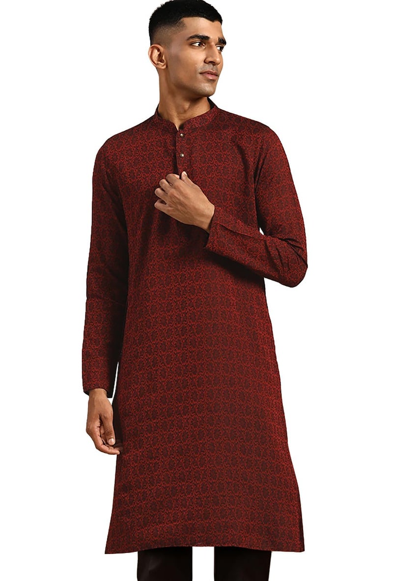 KISAH Mens Silk Blend Jacquard Kurta – Traditional Ethnic Wear Kurta for Men for Weddings & Festivals Maroon - Image 1