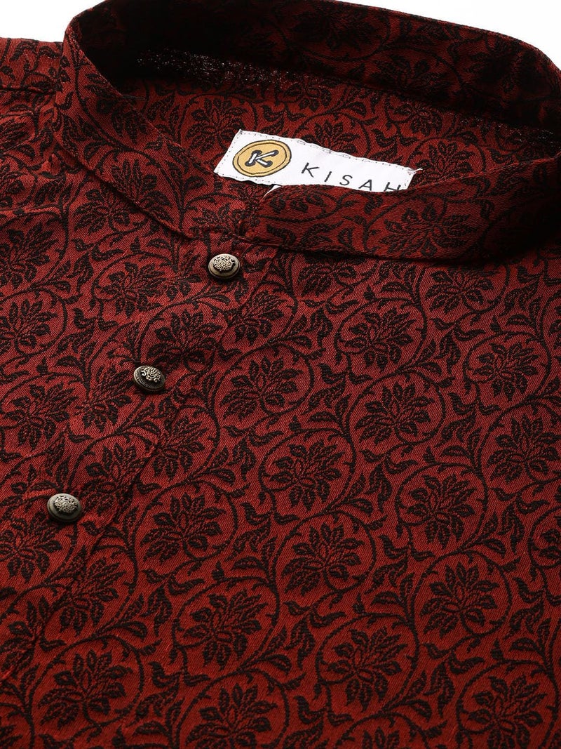 KISAH Mens Silk Blend Jacquard Kurta – Traditional Ethnic Wear Kurta for Men for Weddings & Festivals Maroon - Image 3