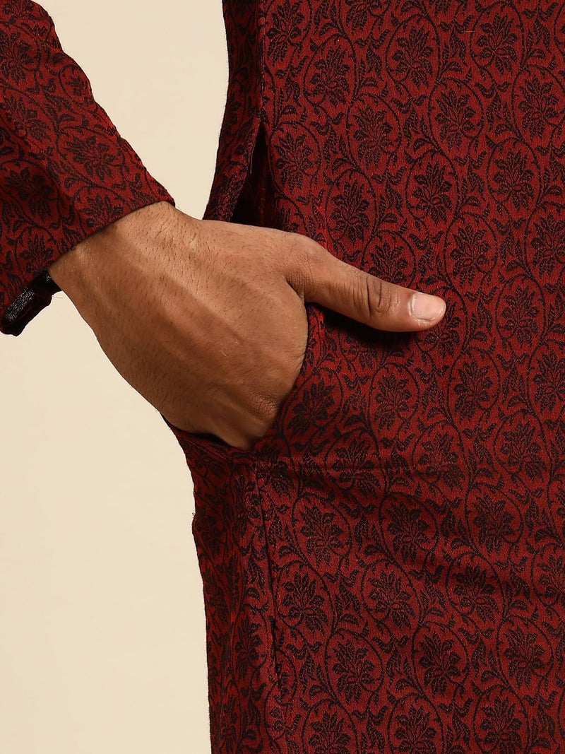 KISAH Mens Silk Blend Jacquard Kurta – Traditional Ethnic Wear Kurta for Men for Weddings & Festivals Maroon - Image 4