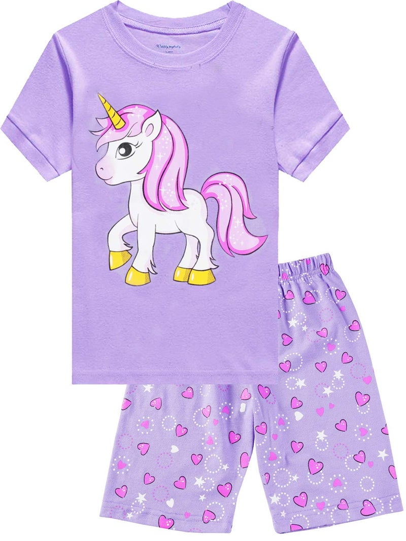 CM-Kid Little Girls Summer Pajamas Unicorn Short Sleeve 100% Cotton Sleepwear 2 Pieces Toddler Pjs Children Clothes Kids Jammies Sets Size 6 - Image 1