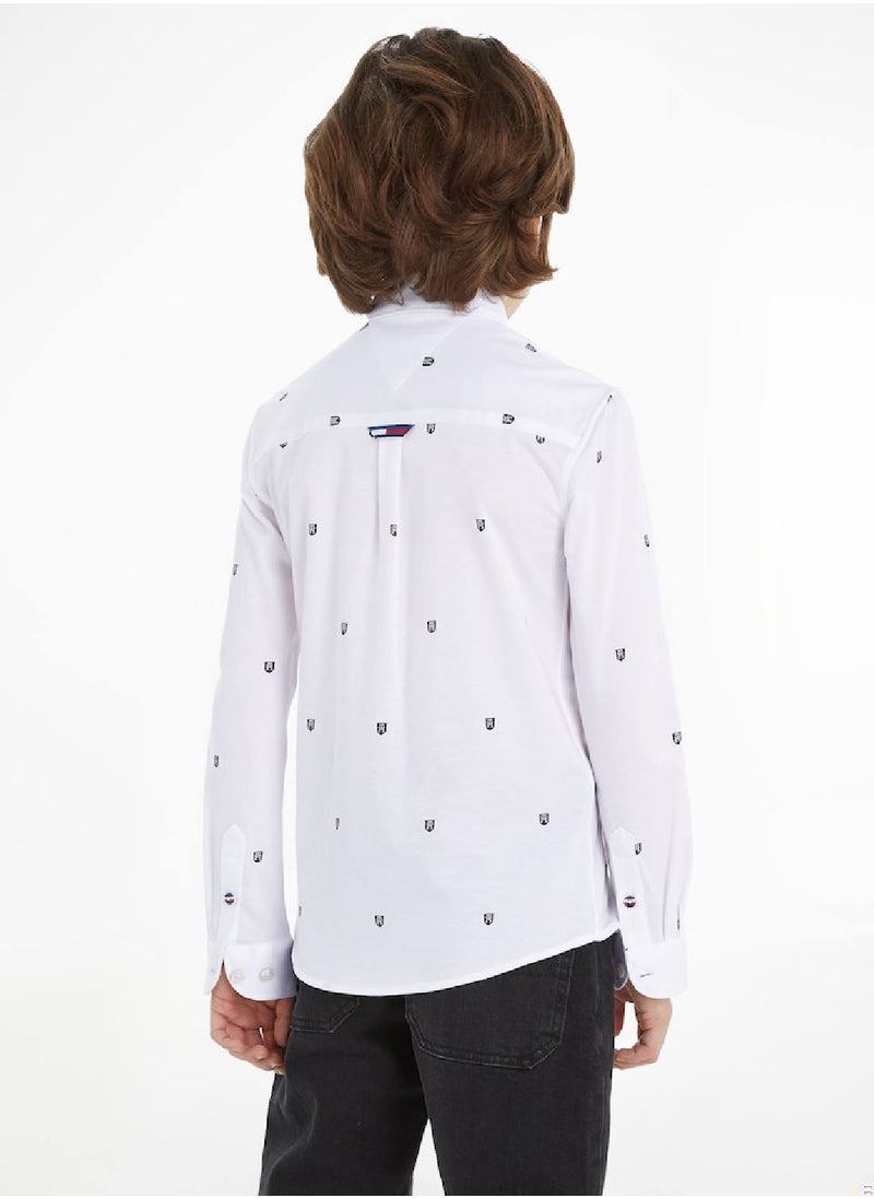 TOMMY HILFIGER - Boys' Long Sleeves Monogram Shirt - Cotton, White - Image 1