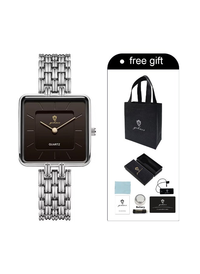 جوهوس ساعة نسائية بقرص مربع بسيط،  ساعة كوارتز كلاسيكية أنيقة للسيدات من الفولاذ المقاوم للصدأ ومقاومة للماء - 30 مم - فضي - Image 2