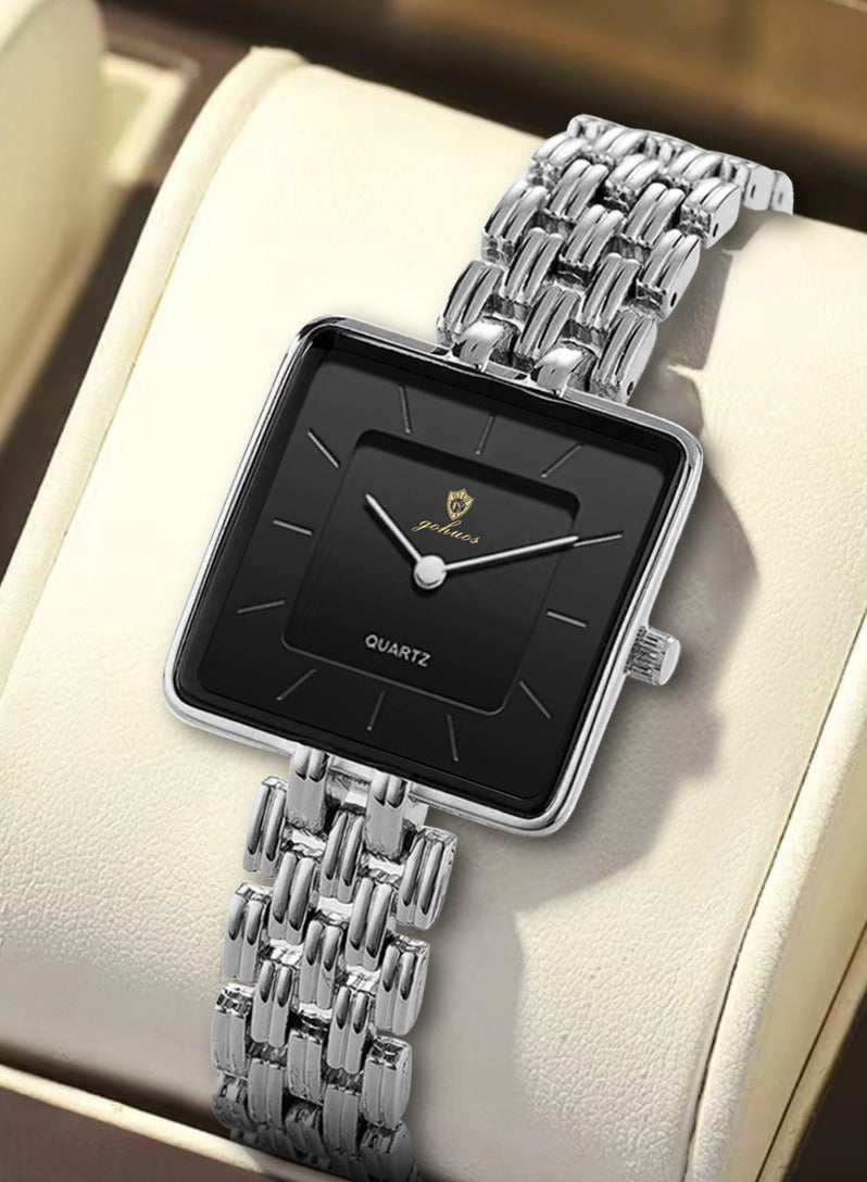 جوهوس ساعة نسائية بقرص مربع بسيط،  ساعة كوارتز كلاسيكية أنيقة للسيدات من الفولاذ المقاوم للصدأ ومقاومة للماء - 30 مم - فضي - Image 1