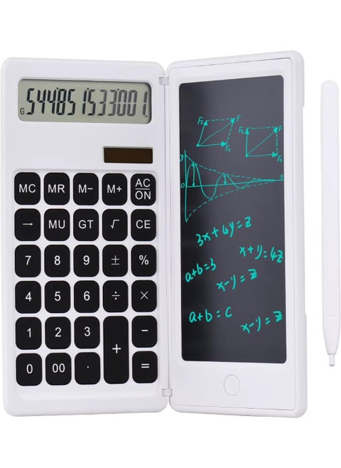 Scientific Calculator 2 in 1 LCD Display 12 Digits Erasable Digital Writing Pad, Foldable with Lock and Erase Button, Replaceable Battery and Solar Power, Perfect for Students and Daily Use