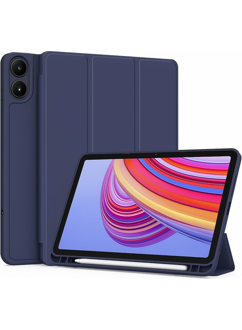 غطاء حماية لجهاز شاومي ريدمي باد برو 12.1 بوصة 2024 اللوحي مع حامل قلم رصاص، غطاء خلفي ناعم من مادة TPU قابل للطي، غطاء ذكي واقٍ قابل للطي، خاصية الاستيقاظ والسكون التلقائي (أزرق) - Image 1