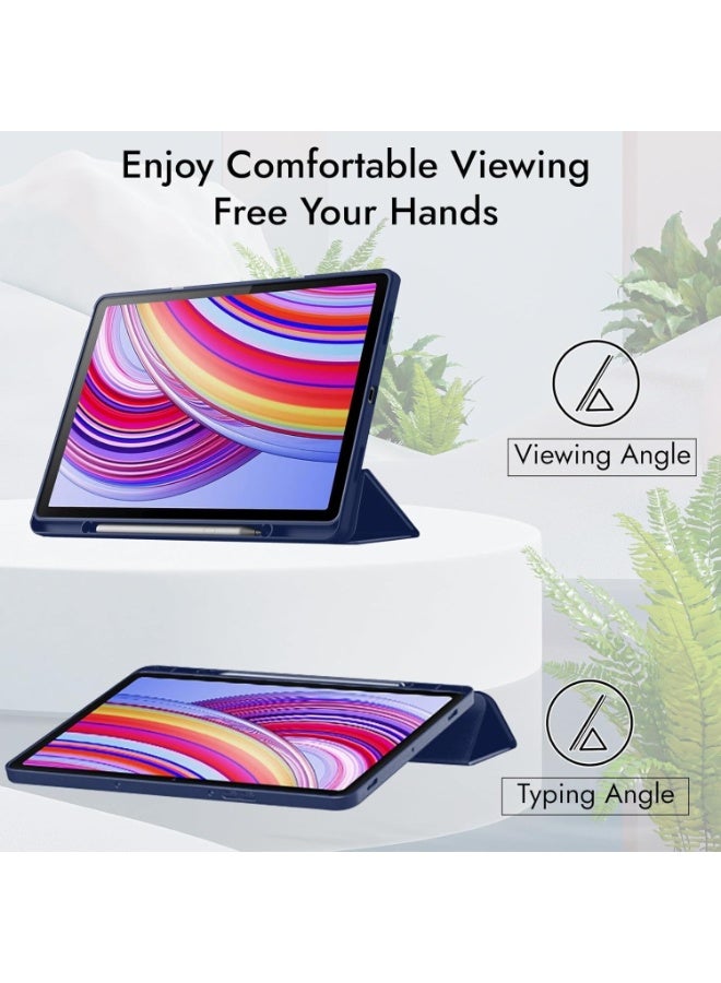 غطاء حماية لجهاز شاومي ريدمي باد برو 12.1 بوصة 2024 اللوحي مع حامل قلم رصاص، غطاء خلفي ناعم من مادة TPU قابل للطي، غطاء ذكي واقٍ قابل للطي، خاصية الاستيقاظ والسكون التلقائي (أزرق) - Image 3