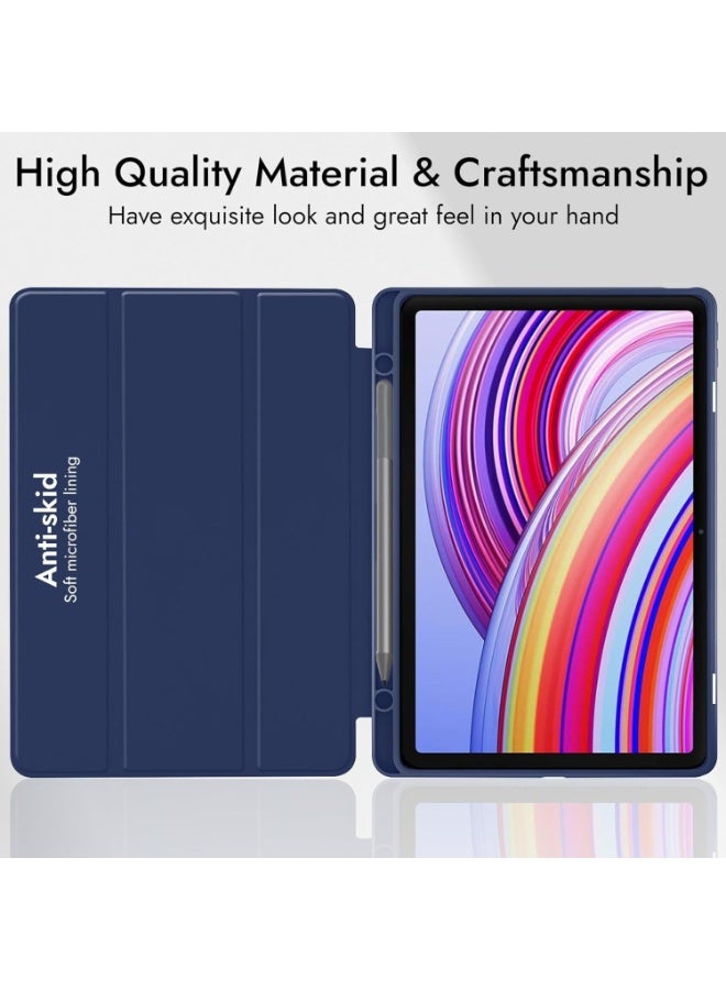 غطاء حماية لجهاز شاومي ريدمي باد برو 12.1 بوصة 2024 اللوحي مع حامل قلم رصاص، غطاء خلفي ناعم من مادة TPU قابل للطي، غطاء ذكي واقٍ قابل للطي، خاصية الاستيقاظ والسكون التلقائي (أزرق) - Image 4