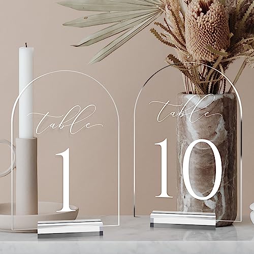 JINMURY Clear Arch Table Numbers for Wedding, 5x7 Inch Arched Acrylic Table Numbers 1-10 with Stands, Clear Acrylic Arch Sign with Holder for Centerpiece, Reception, Wedding, Party, Event - Image 1