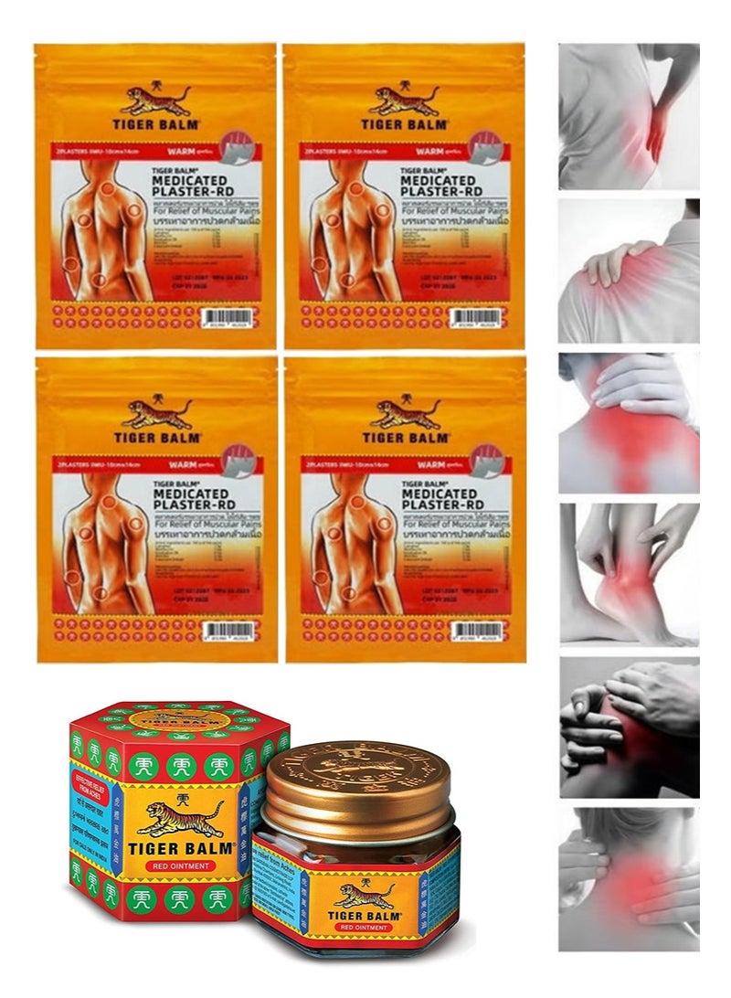 مجموعة تايجر بالم الدافئة لتخفيف الألم - عبوة من 4 ضمادات طبية (8 لصقات) ومرهم واحد لتخفيف الألم - إحساس دافئ لتسكين سريع للألم | مقاس كبير 10 سم × 14 سم | تسكين مُركز للعضلات والمفاصل والتصلب | راحة طويلة الأمد وجيدة التهوية - Image 1