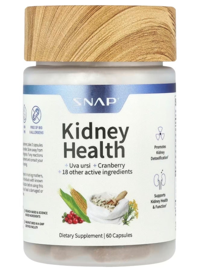 SNAP SUPPLEMENTS Kidney Health + Uva Ursi + Cranberry + 18 Other Active Ingredients Free Of Big 8 Allergens Promotes Kidney Detoxification Supports Kidney Health & Function, Dietary Supplement 60 Capsules - Image 1