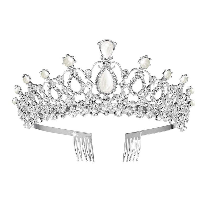 Women Tiara with Comb  Pearl Crystal Crown for Bridal Queen Princess Girls at Wedding Birthday Pageant Silver