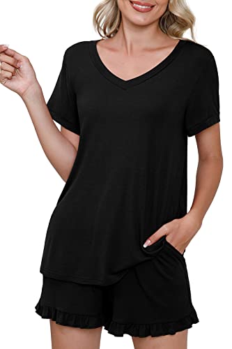 PrinStory Womens Pajamas Set Lounge Sets Short Sleeve Sleepwear Soft Pjs Shorts Set with Pockets Black L - Image 3