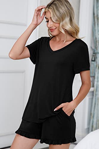 PrinStory Womens Pajamas Set Lounge Sets Short Sleeve Sleepwear Soft Pjs Shorts Set with Pockets Black L - Image 4
