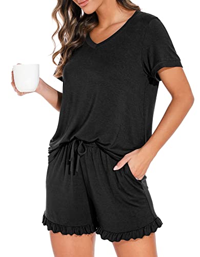 PrinStory Womens Pajamas Set Lounge Sets Short Sleeve Sleepwear Soft Pjs Shorts Set with Pockets Black L - Image 1