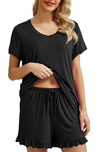 PrinStory Womens Pajamas Set Lounge Sets Short Sleeve Sleepwear Soft Pjs Shorts Set with Pockets Black L - Image 2