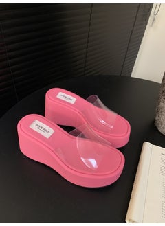 2024 Spring And Autumn New Womens Slippers One-Row Transparent Platform Waterproof Thick Bottom Slope Track Outer Wear Sandals rose red