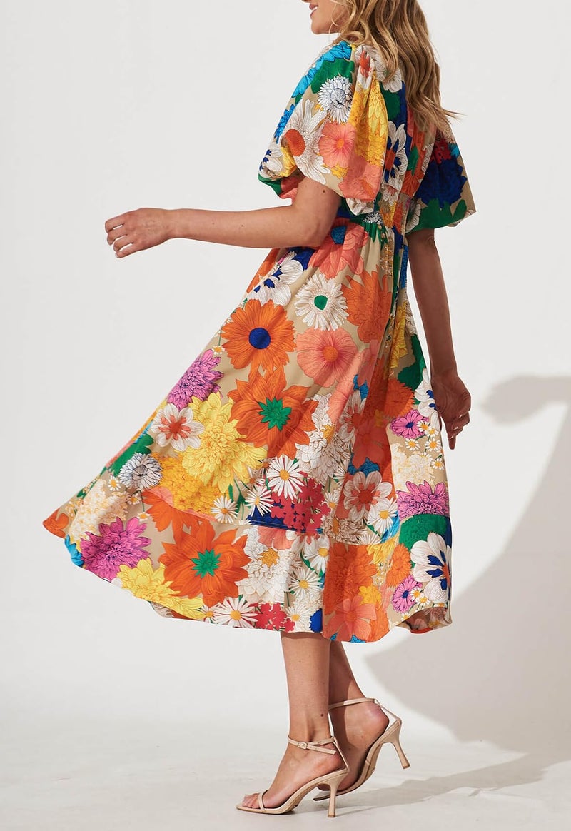 Maxigerui Women's Summer Floral Maxi Dress Spring Wedding Guest Dress 2026 Orange Multi Floral XL - Image 4