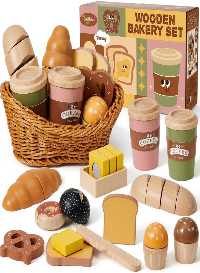 Toyssa Wooden Play Food Sets for Kids Kitchen, Bakery Pretend Play Toy Food for Toddlers 3-5 with Cutting Bread & Basket, Christmas Kitchen Accessories Birthday Gifts for Girls Boys 3 4 5 6 Years Old - Image 1