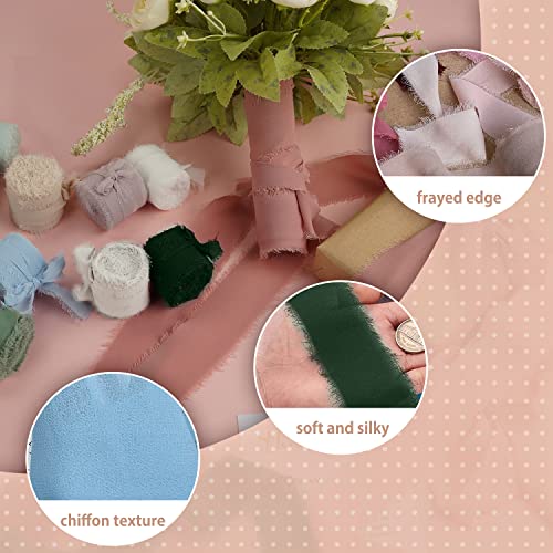 Mlurcu Chiffon Ribbon Fringe Silk 9 Rolls Handmade Frayed Edges Boho Ribbon 1.5 Inch x 3 Yard for Wedding Invitations Decorations DIY Craft Bridal Bouquets - Image 3