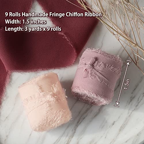 Mlurcu Chiffon Ribbon Fringe Silk 9 Rolls Handmade Frayed Edges Boho Ribbon 1.5 Inch x 3 Yard for Wedding Invitations Decorations DIY Craft Bridal Bouquets - Image 2
