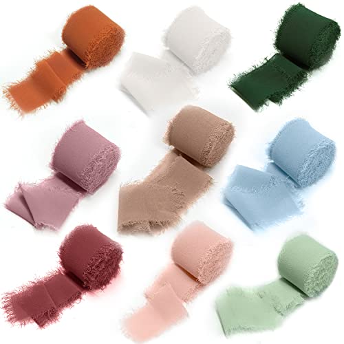 Mlurcu Chiffon Ribbon Fringe Silk 9 Rolls Handmade Frayed Edges Boho Ribbon 1.5 Inch x 3 Yard for Wedding Invitations Decorations DIY Craft Bridal Bouquets - Image 1