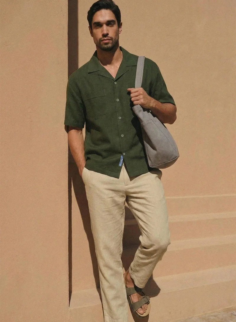 دينيس لينغو Olive 100% Cotton Solid Button Down Relaxed Shirt For Men