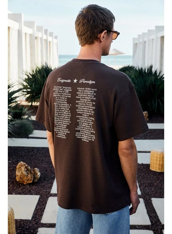 Grimelange BENZO Men's Front and Back Print Detailed 100% Organic Cotton Oversized Short Sleeve Dark Brown T-Shirt.