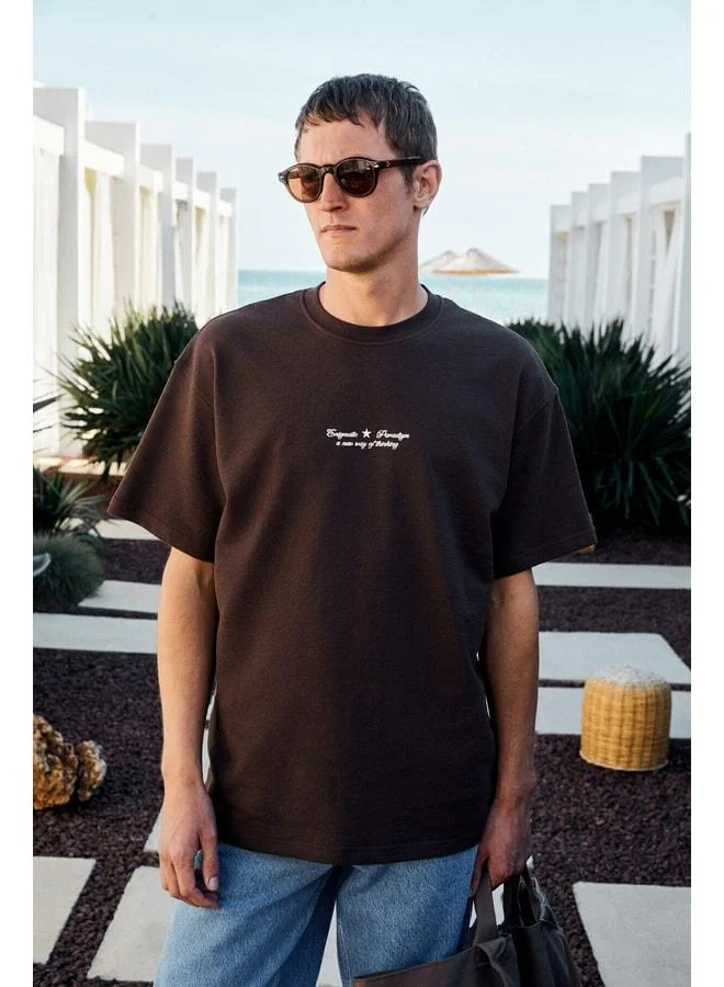 Grimelange BENZO Men's Front and Back Print Detailed 100% Organic Cotton Oversized Short Sleeve Dark Brown T-Shirt.