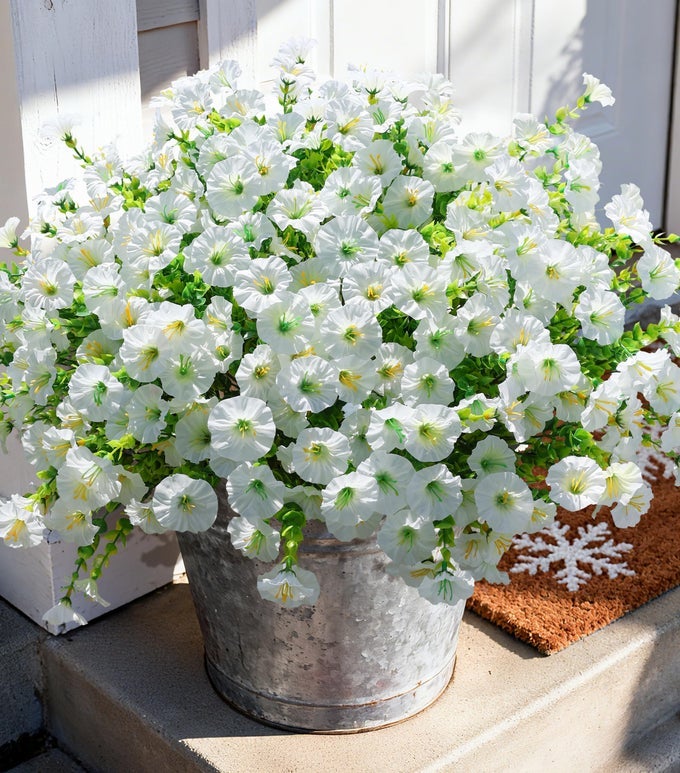 ARTIFICIAL FLOWERS FAKE PLANTS FOR OUTDOORS DECORATION 12 BUNDLES WHITE SILK MORNING GLORY WITH EUCALYPTUS REALISTIC UV RESISTANT FAUX FLOWERS FOR OUTSIDE PLANTER PORCH YARD PATIO GARDEN HOME INDOOR