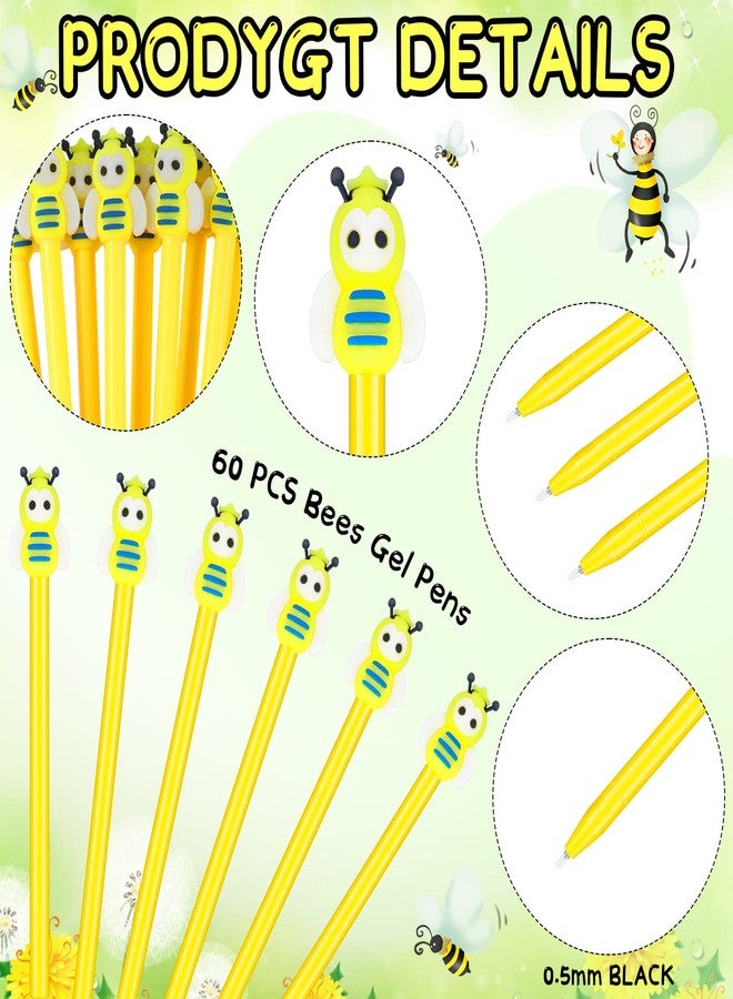 Fainne 60 Pcs Bee Pens Bulk Bees Black Ink Gel Pens for Kids School Supplies Classroom Cute Cartoon Pens Fine Point Roller Marker Pens for Bee Party Favors Gifts Teachers Students Friends 0.5mm - Image 4