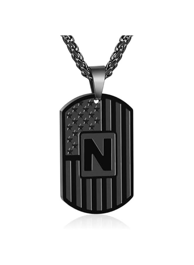 Graduation Gifts Initial A-Z Letter Necklace for Men Boys Kids Teen, Stainless Steel American Flag Dog Tag Pendent Chain Jewelry Birthday  Gifts for boyfriend husband 24Inches  - Image 1