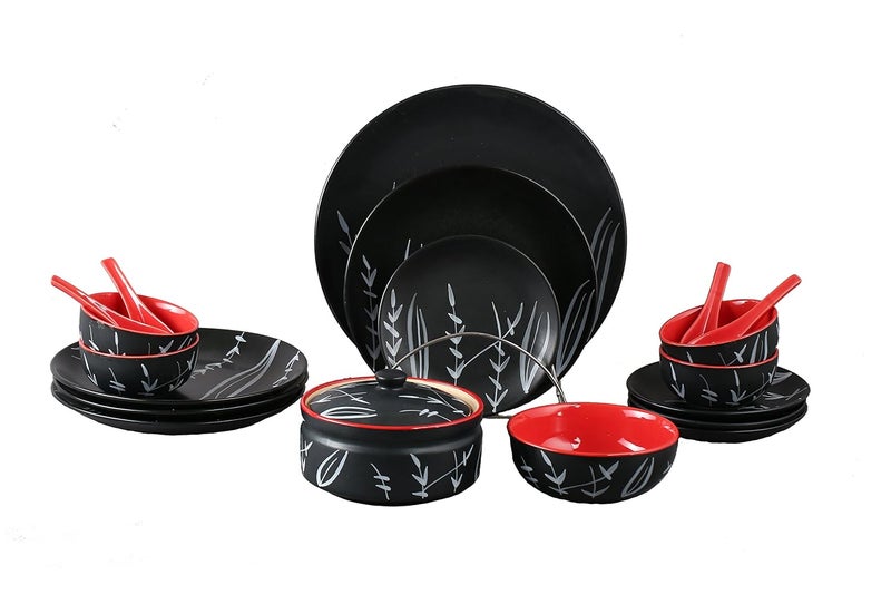 Caffeine Ceramic Handmade Red & Black Bamboo Dinner Set (19 pcs Microwave Safe & Dishwasher Safe) - Image 1