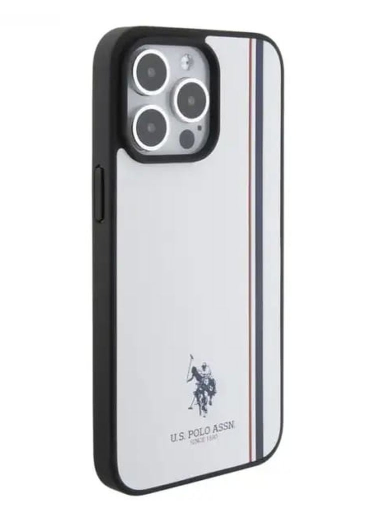 يو اس بولو غطاء جلد مع خط ثلاثي الألوان لآيفون 15 برو من يو إس بولو – أبيض - Image 2