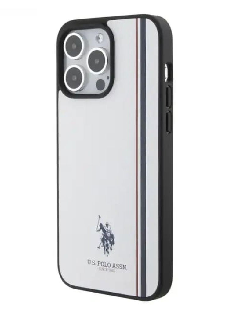 يو اس بولو غطاء جلد مع خط ثلاثي الألوان لآيفون 15 برو من يو إس بولو – أبيض - Image 1