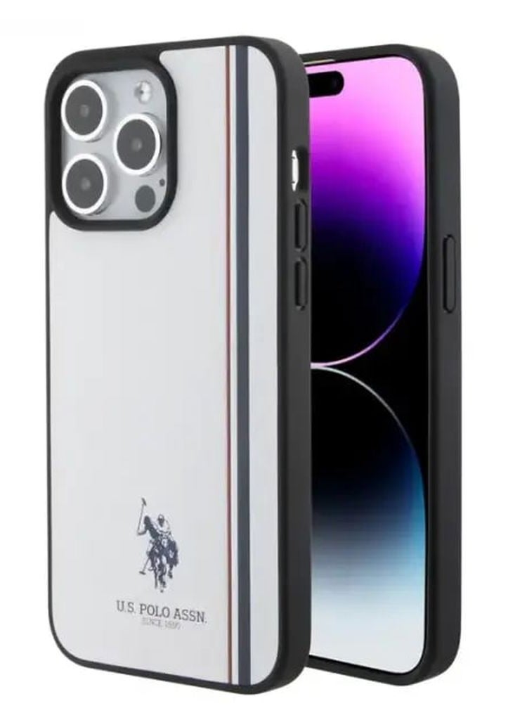 يو اس بولو غطاء جلد مع خط ثلاثي الألوان لآيفون 15 برو من يو إس بولو – أبيض - Image 5