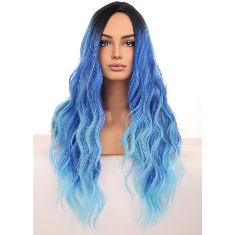 BERON Womens Blue Wigs Long Wavy Hair Wig for Girls Ombre Colored Curly Heat Resistant Synthetic Hair Wigs for Cosplay Party Daily or Used
