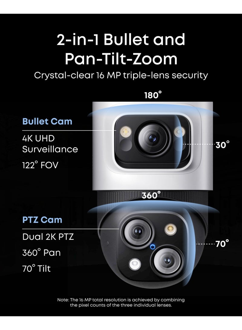 eufy Security PoE Bullet-PTZ CCTV Camera S4 Add-On, Wired Outdoor Cam, 4K UHD Triple Lens, 122° FOV, 360° Pan & Tilt, 8× Auto Zoom, AI Tracking, Red & Blue Lights, Colour Vision, 24/7 Recording, IP65 - Image 2