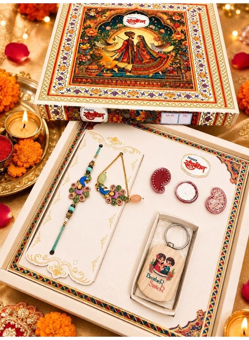 Rajshi Rakshabandhan Bhai Bhabhi Rakhi Box with Roli Chawal and Coin | Festive Gift Set, Brother-Sister Keychain, Includes Roli Chawal, Traditional Rakhi Duo, Decorative Box -Size 36 - Image 1