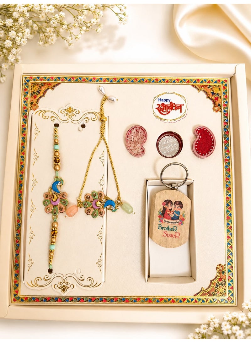 Rajshi Rakshabandhan Bhai Bhabhi Rakhi Box with Roli Chawal and Coin | Festive Gift Set, Brother-Sister Keychain, Includes Roli Chawal, Traditional Rakhi Duo, Decorative Box -Size 36 - Image 2