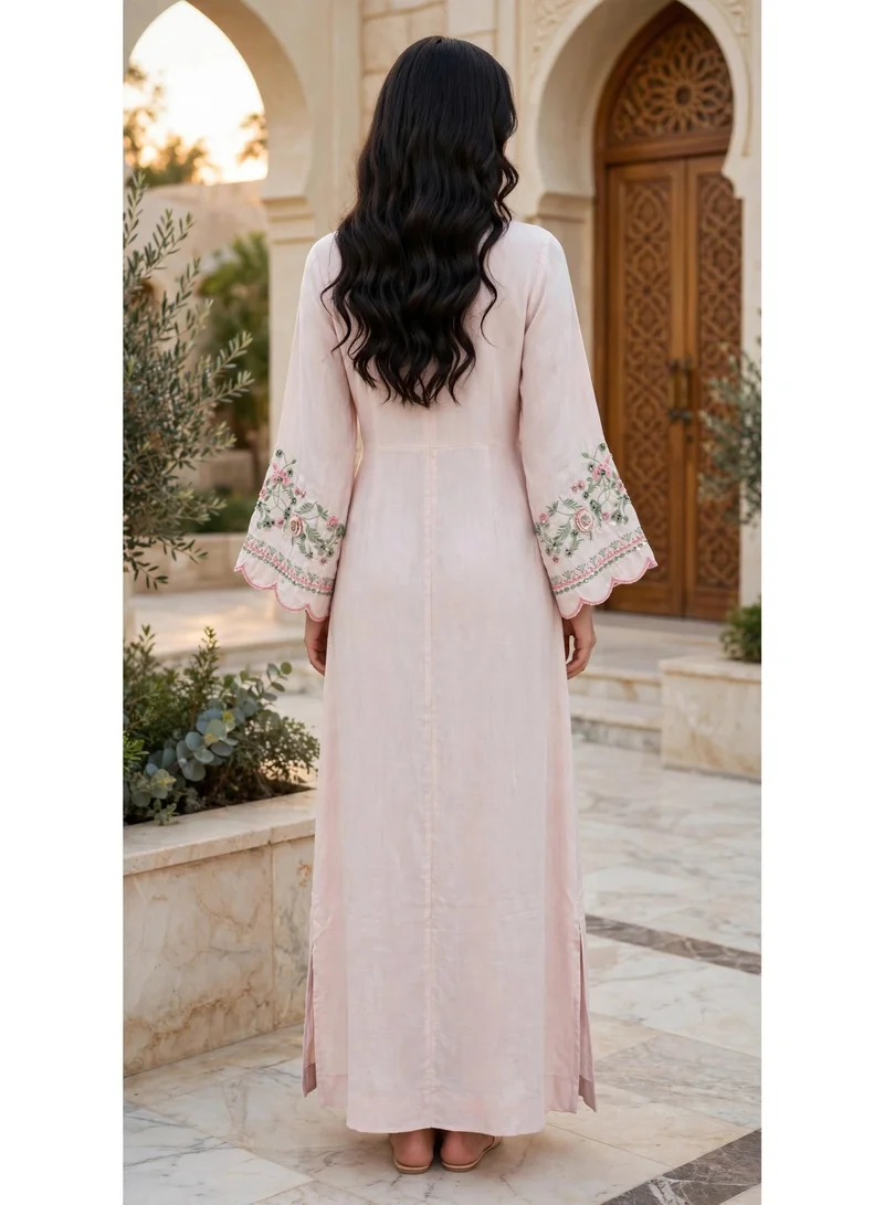 Ikkxa  Floral Embroidered V Neck Jalabiya with Scalloped Cuffs for Women | Best Price UAE
