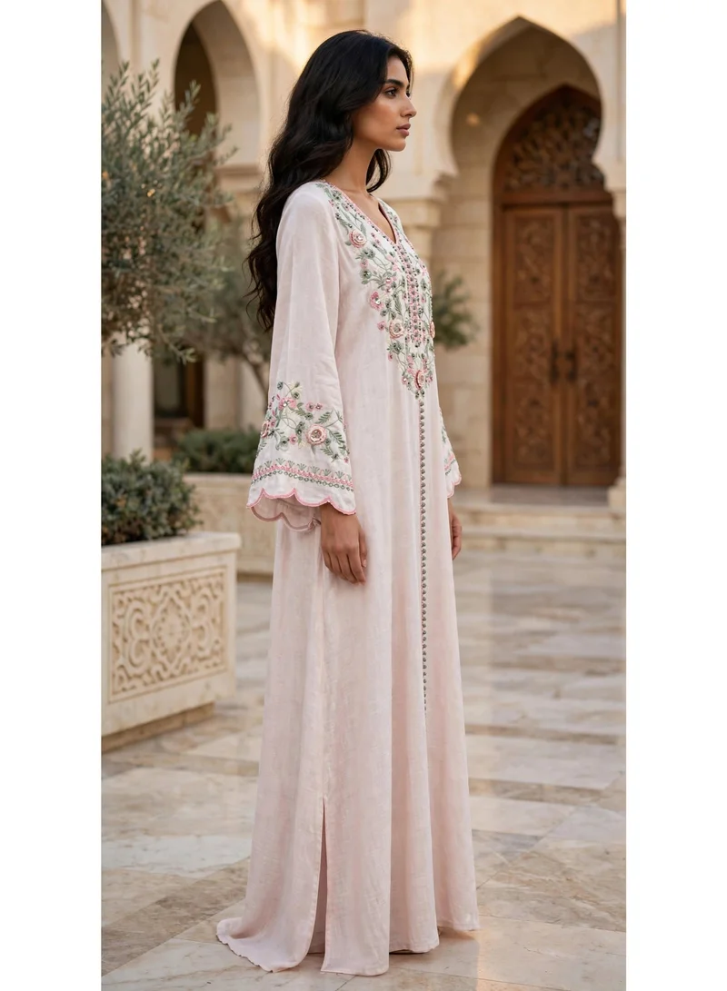 Ikkxa  Floral Embroidered V Neck Jalabiya with Scalloped Cuffs for Women | Best Price UAE