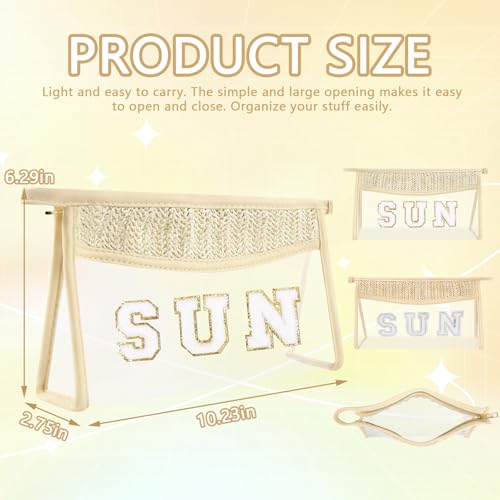 Iqimott 2Pcs Preppy Patch Sun Bag Makeup Letter Bag Boho Letter Sun Bags for Beach Swim Waterproof Zipper Make up Bags Toiletry Pouch for Women Girls Clear Transparent Pouch for TravelSun - Image 3