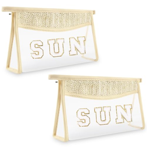 Iqimott 2Pcs Preppy Patch Sun Bag Makeup Letter Bag Boho Letter Sun Bags for Beach Swim Waterproof Zipper Make up Bags Toiletry Pouch for Women Girls Clear Transparent Pouch for TravelSun - Image 1
