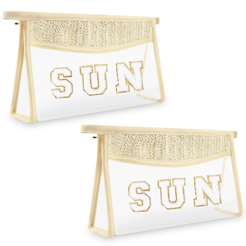 Iqimott 2Pcs Preppy Patch Sun Bag Makeup Letter Bag Boho Letter Sun Bags for Beach Swim Waterproof Zipper Make up Bags Toiletry Pouch for Women Girls Clear Transparent Pouch for TravelSun - Image 2